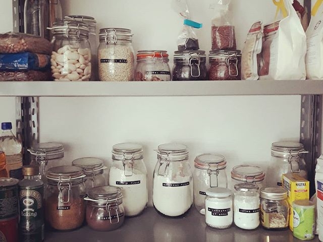 kitchen pantry shelves and jars